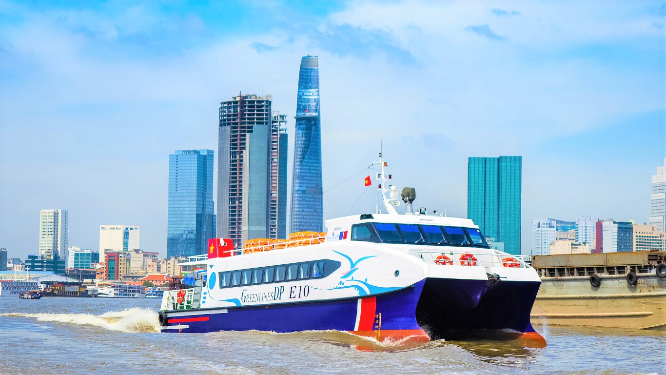 Modern passenger ferry boarding dock on scenic river waterway